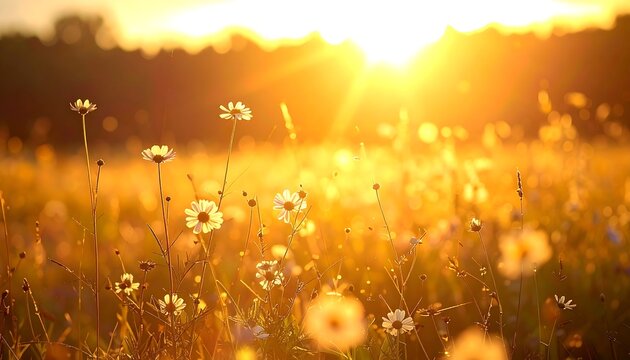 Golden meadow. Daisies glow under a bright, low sun, with a field fading to blurred trees in the warm, sunny light