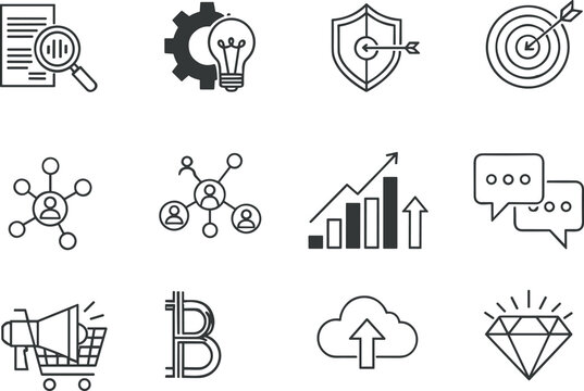 Corporate business strategy fintech marketing line icons set featuring growth charts cloud data protection network blockchain ecommerce elements
