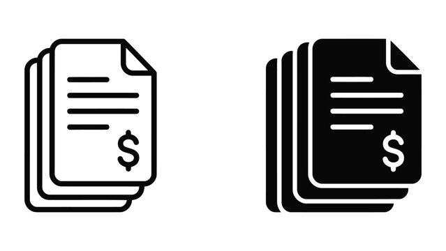 Financial document file icons with dollar sign in linear and solid black styles for business and accounting applications