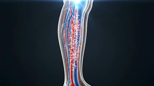 4K Detailed Vascular Scan Of Femoral Artery And Veins In The Leg Displaying Detailed Blood Circulation On Dark Background