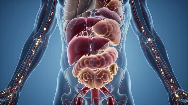 4K Digital Render Of Transparent Human Torso Highlighting Pancreas And Internal Organs Relevant To Diabetes Risk Diagnosis In A Blue Background