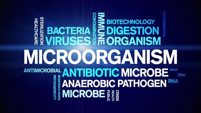 Microorganism animated word cloud-text design animation tag kinetic typography seamless loop.
