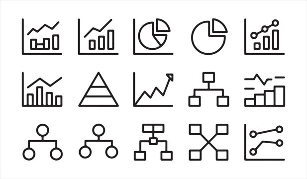 Abstract analytics and infographic icon pack featuring statistical charts, hierarchy diagrams and data visualization elements