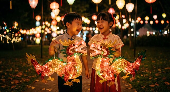 Happy Asian Children Holding Illuminated Dragon Lanterns at Night Festival Celebration