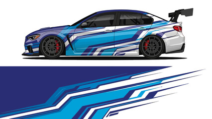 Blue race car with dynamic graphic stripes and rear spoiler on a track. © AhzaArdiansyah