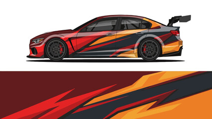 Naklejka premium Vibrant stylized sports car with orange black flame graphics in sleek design.