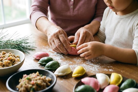 Mother and Child Making Colorful Songpyeon Rice Cakes Together for Korean Chuseok Festival