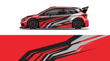 Fototapeta premium Side profile view of a red and black racecar in motion on a track.