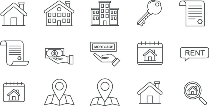  Real estate property management and mortgage loan line icons set featuring residential houses rent contract keys and location map elements