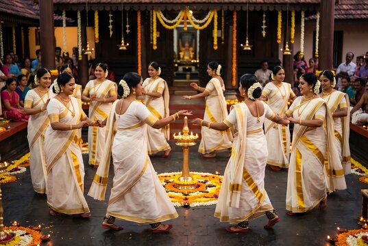Kerala Women Performing Kaikottikali Thiruvathira Dance Around Pookalam and Nilavilakku During Onam Festival