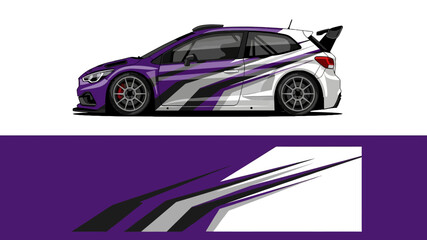 Fototapeta premium Purple race car with dynamic decals and aerodynamic design in a studio composition.