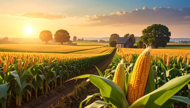 Golden sunset over a cornfield; a dirt path leads towards a barn amidst rolling fields
