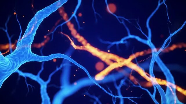 Animation Of Delicate Blue Neural Branches Illustrating Brain Oxygen Crisis With Bright Orange Signals In A Deep Blue Background Ideal For Medical And Neuroscience Visuals