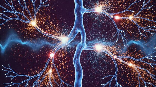 Animated Visualization of Neurons in Chronic Stress Hormone Overload with Glowing Connections on Abstract Background