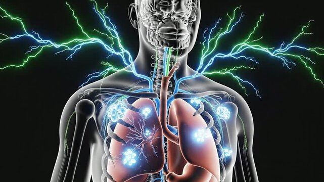 Autonomic Brain Control Concept: Intricate Neural Pathways Connected to Lungs in Transparent Human Torso Illustration