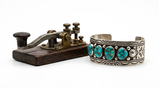 Vintage Morse Code Telegraph Key and Turquoise Silver Cuff Bracelet