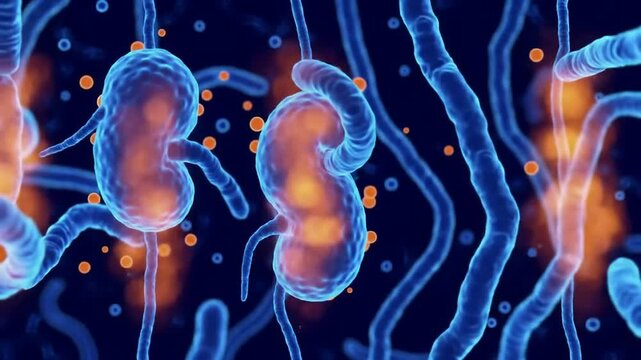 Chronic Kidney Stress Illustrated by Nephron Cells and Lifestyle Factors in Vibrant Blue and Orange Colors for Medical and Health Visualizations