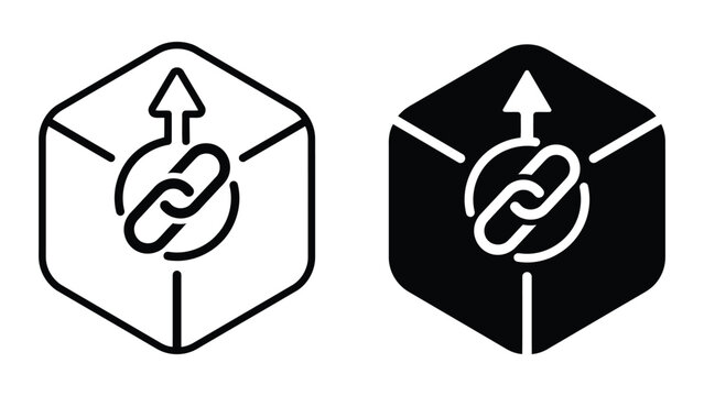 SEO backlink icon with chain link and upward arrow inside a hexagonal cube for search engine optimization