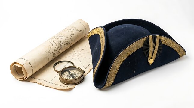 Vintage Bicorne Hat with Antique Map and Brass Compass