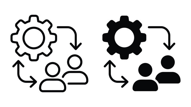 Teamwork process icon with gear and circulating arrows around two people for collaboration management