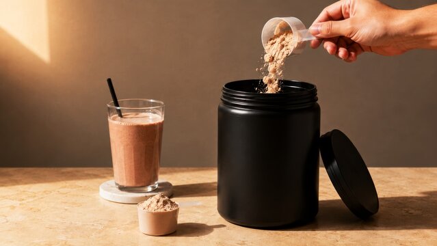 A hand pours protein powder into a black container, with a smoothie glass nearby, set against a warm, minimalist background.