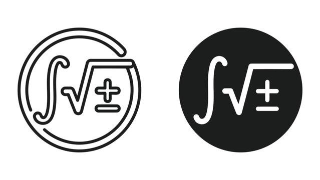 Integral calculus symbol with square root and plus minus sign in outline and solid black vector graphics