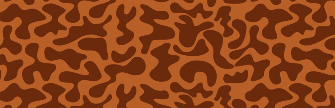 Brown orange camouflage blob pattern. Organic shapes, splashes, amoeba, fluid patches in seamless repeating texture. Vector groovy background. Template for fabric, animal print overlay.