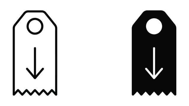 Price tag icon with downward arrow in outline and solid style for retail sales and marketing