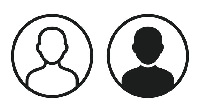 Basic outline and filled silhouette icons of a generic person profile within a circle for user account and profile identification