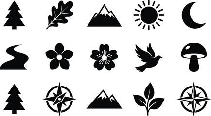 Nature and outdoor adventure solid glyph icon set with black vector symbols of pine trees mountains sun crescent moon river bird and compass rose © Malati