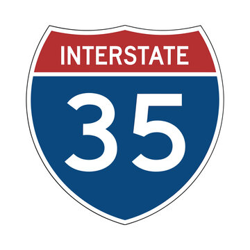 Interstate highway shield sign with number thirty five on a blue background
