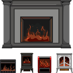 Obraz premium Fireplace and modern electric heaters providing cozy warmth and stylish heating solutions for home interiors, living rooms, and seasonal comfort in residential design