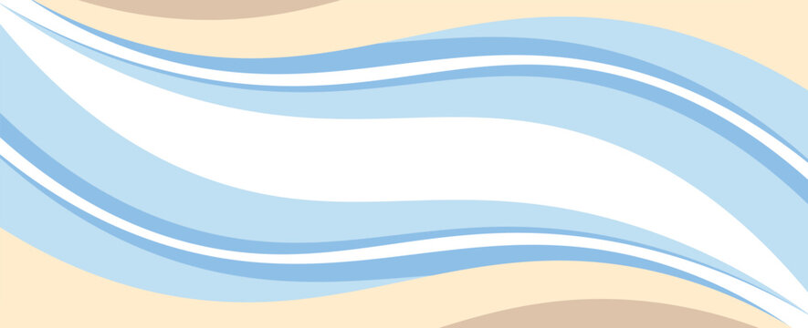 Abstract background template featuring elegant overlapping wavy layers in soft blue, pastel tan, and light cream tones, creating a modern flowing beach or coastal corporate banner design.