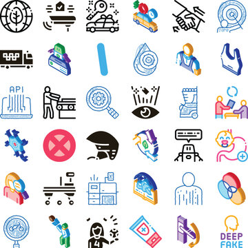 Collection of conceptual isometric icons representing various aspects of modern technology, business operations, data processing, social interactions, and environmental services