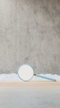 abstract neon blue ice sculpture Magnifying glass with blue handle resting on a wooden surface near a textured gray wall geometric neon blue ice pattern