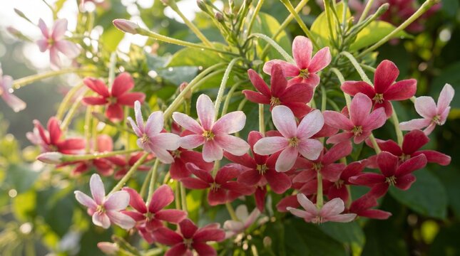 Macro close-up photo of a vibrant Combretum indicum also known as rangoon creeper blooming with multi colored pink and red petals in a garden.
