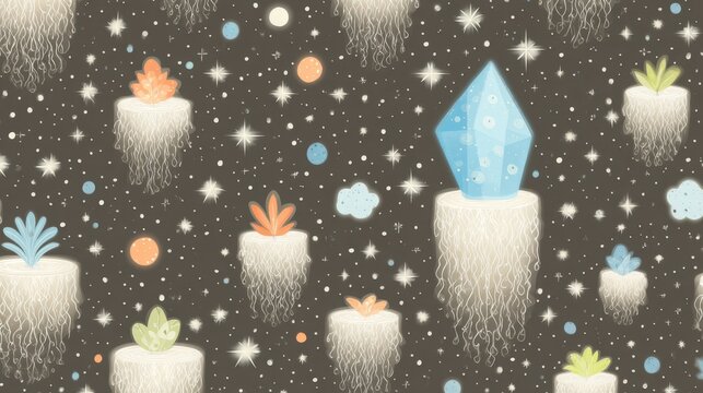 abstract neon blue ice sculpture Whimsical glowing crystal and plant illustrations floating in a starry night sky with cosmic elements and abstract art background geometric neon blue ice pattern