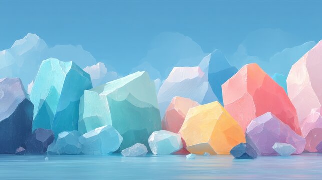 abstract neon blue ice sculpture Colorful Arctic Icebergs Floating on Calm Water in a Vibrant Polar Scene geometric neon blue ice pattern