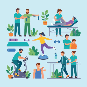 Flat vector illustration of physical therapy and rehabilitation