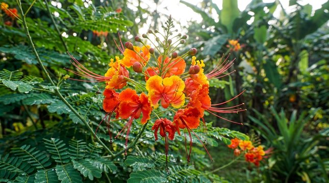 Macro close-up photo of a vibrant Caesalpinia pulcherrima flower also known as pride of barbados blooming in a tropical garden.
