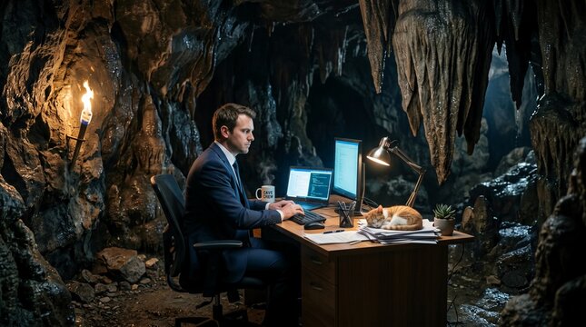 Businessman working on laptop in a dark cave with a cat sleeping on the desk
