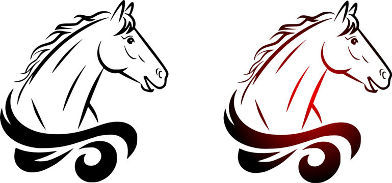 Horse head line art vector design pack featuring stylized stallion profile contours with decorative swirling chest swooshes isolated on a white background.