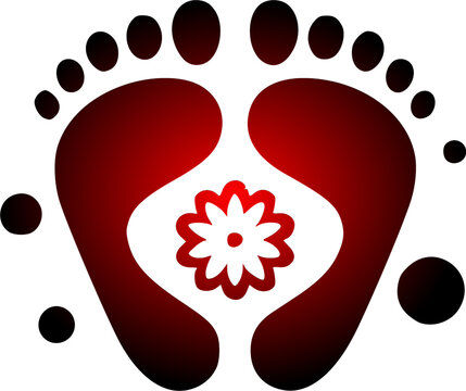 Goddess Lakshmi feet steps vector icon for Diwali festival featuring holy red gradient charan paduka silhouettes with a center flower design isolated on a white background.