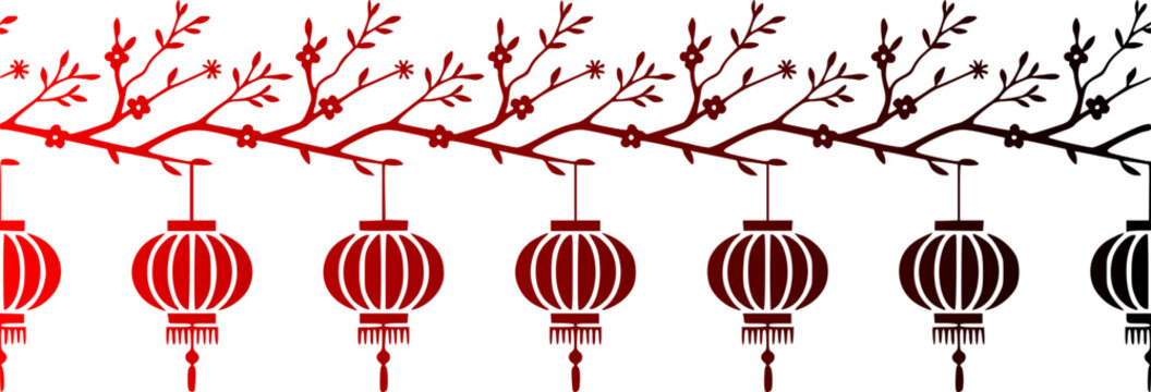 Chinese New Year decorative border design featuring hanging red paper lanterns on blooming plum blossom tree branches isolated on a white background.