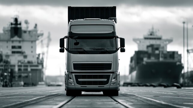 Semi truck trailer on dock at industrial port with cargo ships in background cloudy day