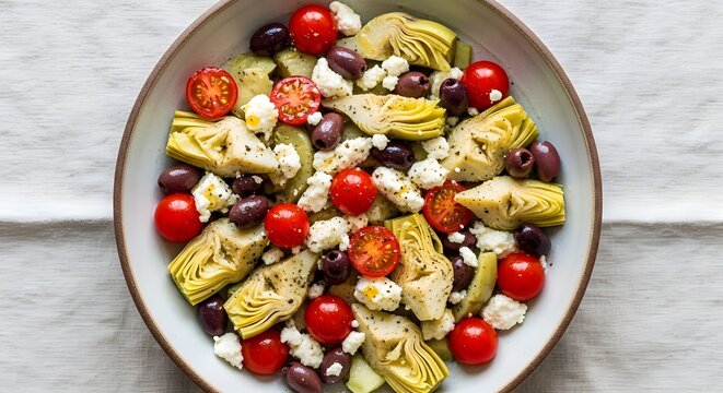 Mediterranean Artichoke Salad with Cherry Tomatoes, Olives, and Feta Cheese.