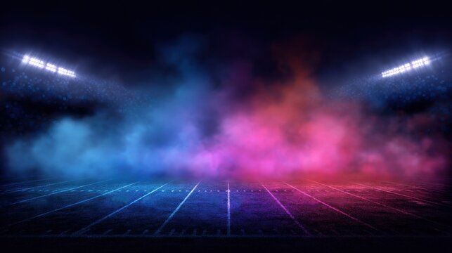 Football stadium at night with dramatic colored smoke under bright floodlights