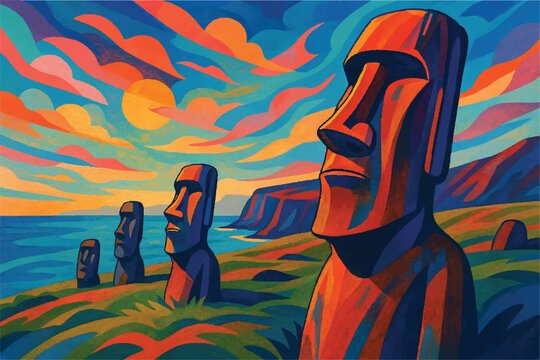 Easter Island Chile views contemporary creative digital art style, illustration