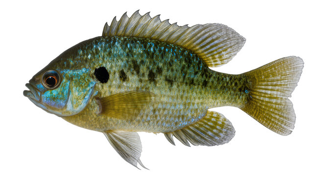 Green sunfish with blue and green scales and black spot