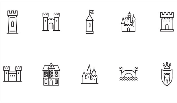 Outline fortress and castle collection featuring royal palaces, battlements and heritage structures
